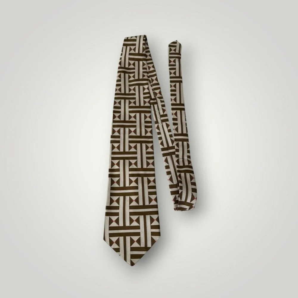 Pierre Balmain Silk Necktie Vtg Brown Geometric Couture France Designer Art Deco